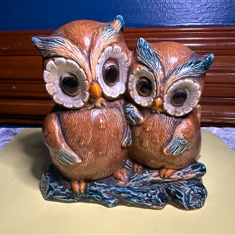 vintage Napcoware ceramic owl planter, featuring two owls on a tree branch